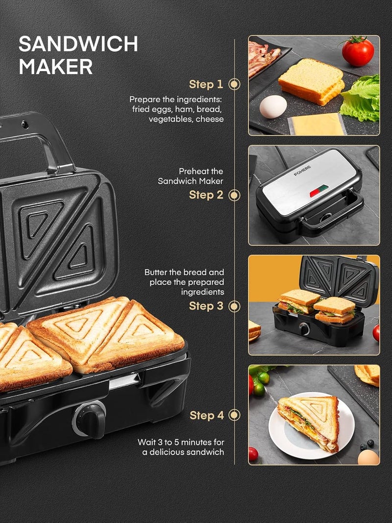 FOHERE Sandwich Maker 3 In 1 Waffle Maker With Removable Plates,1200W Grilled Cheese Maker, 5-gear Temperature Control, Non-stick Coating Easy to Clean, Indicator Lights, Silver/Black - Image 3